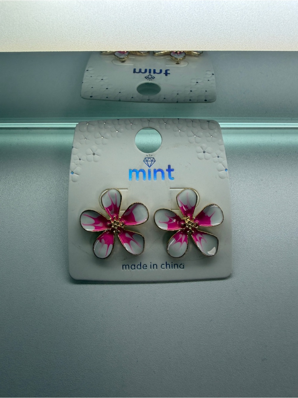 Mint Pink and White Enamel Flower Stud Earrings